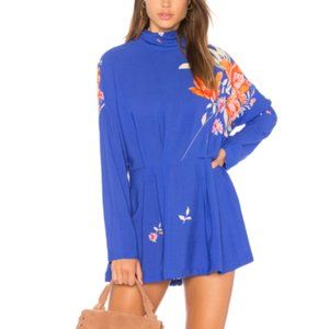 Free People Gemma Blue Floral Tie Neck Dress